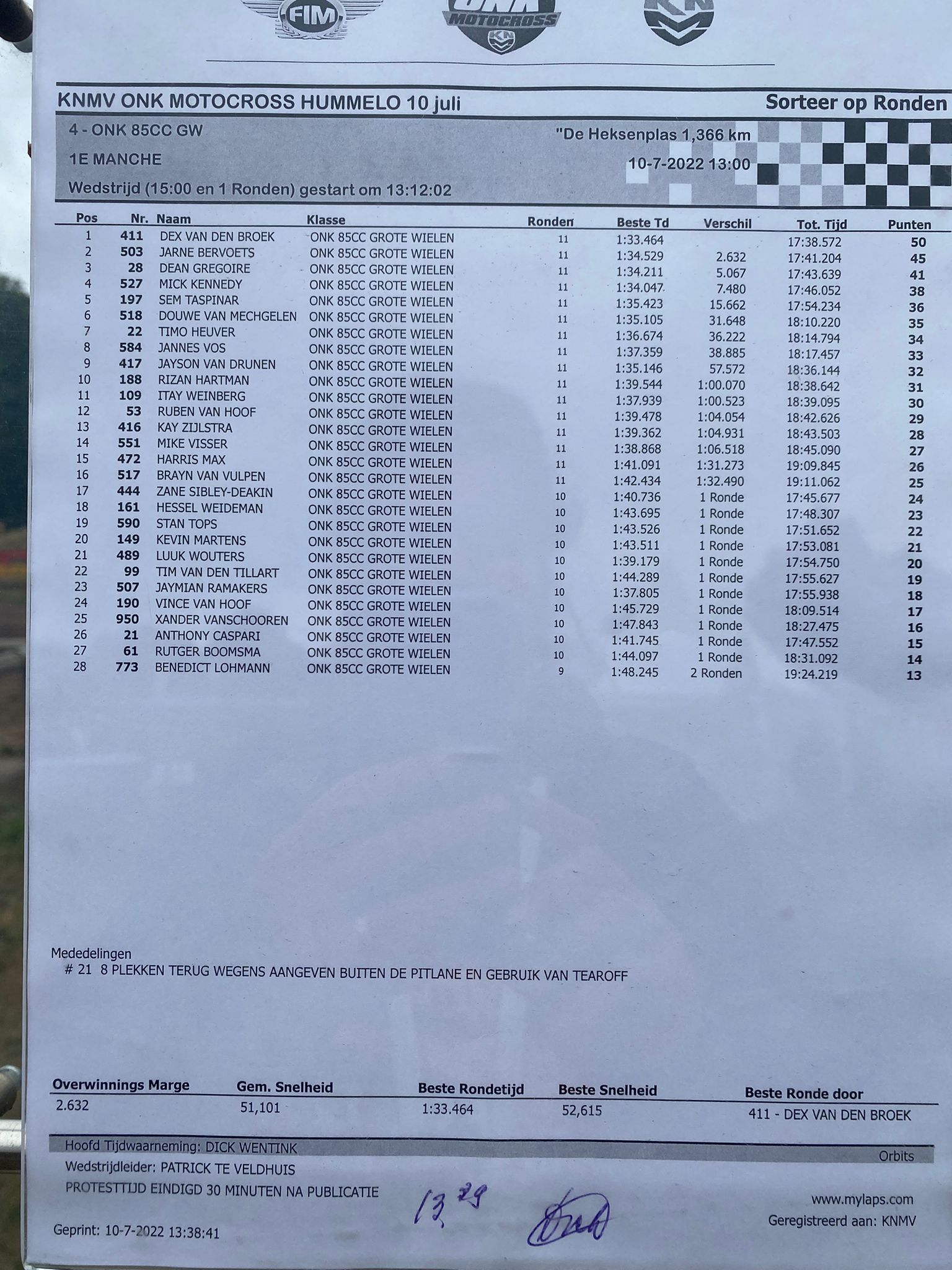 Dex van den Broek pakt eerste manchezege en podium in het ONK 85cc grote wielen in Hummelo