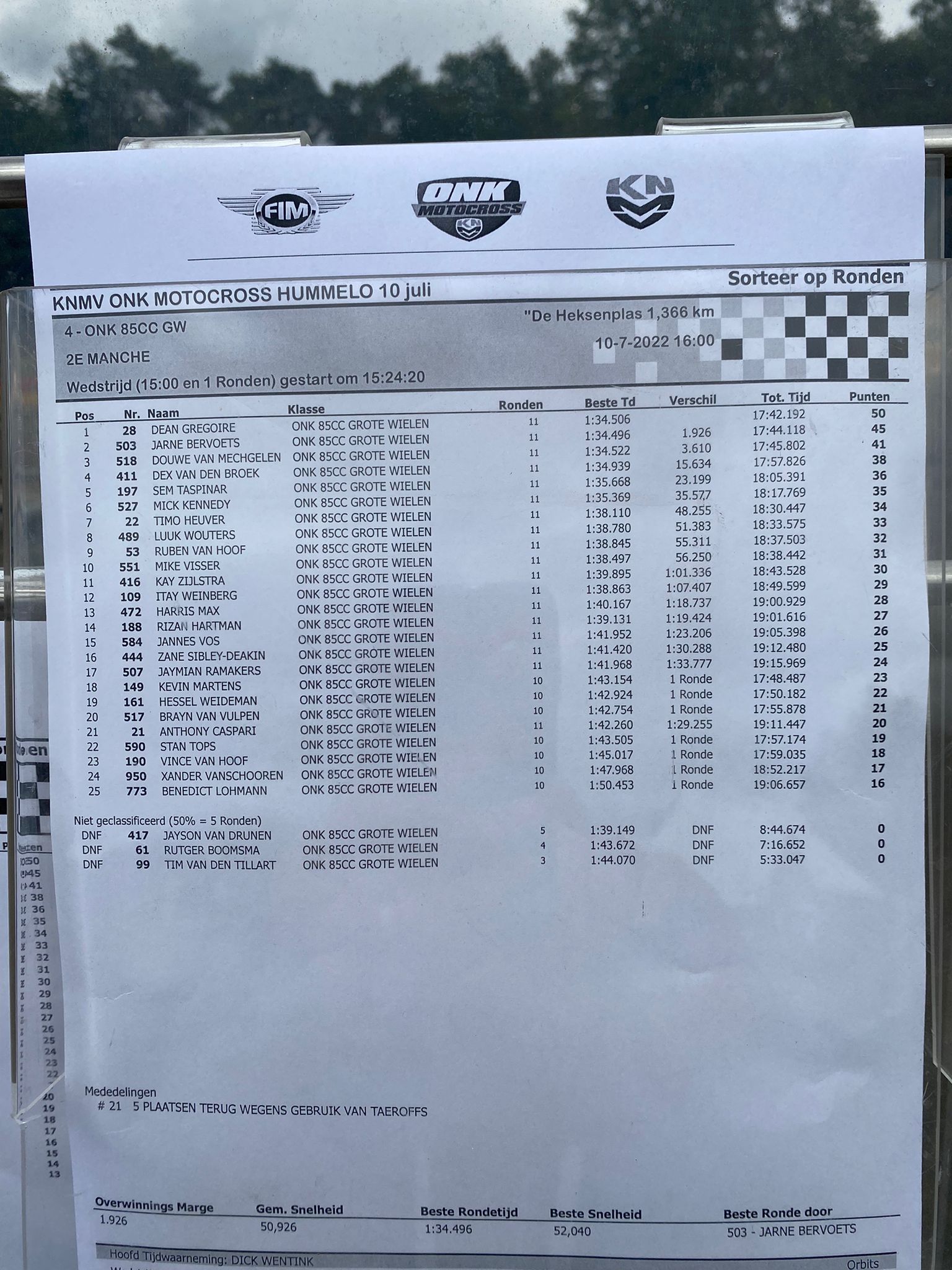 Dex van den Broek pakt eerste manchezege en podium in het ONK 85cc grote wielen in Hummelo